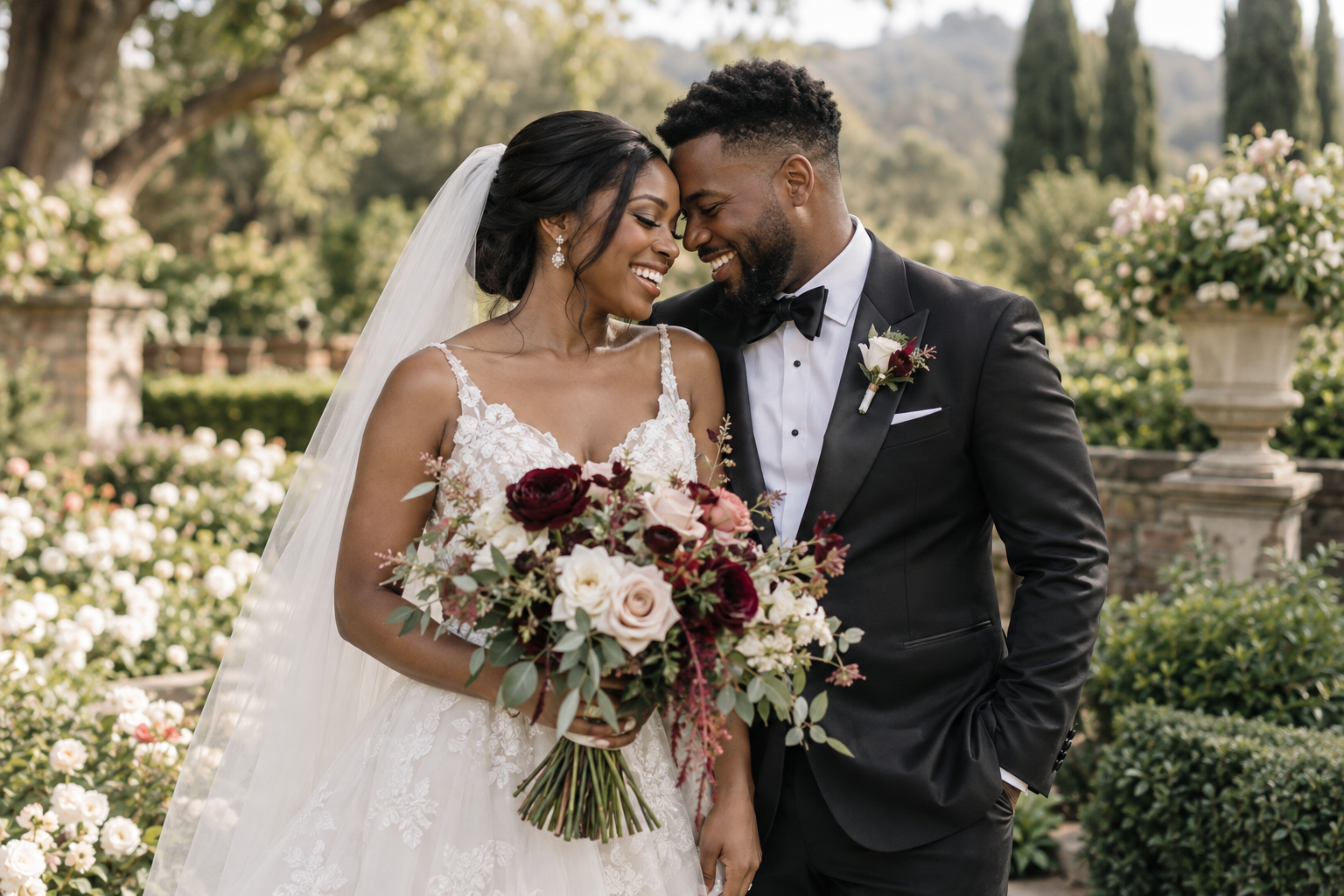 A newly married couple sharing a joyful moment in a garden